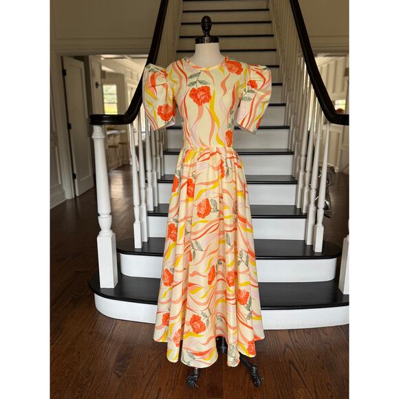 Vintage 80s does 30s 40s Orange Sherbet Coral Floral Maxi Dress Poof Sleeve - Picture 5 of 12